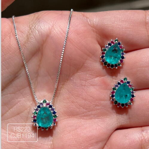 Conjunto Gota Turmalina Fusion Cravejada Rainbow Prateada